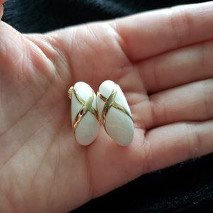 Vintage Cream Enamel Oval Clip on Earrings with X